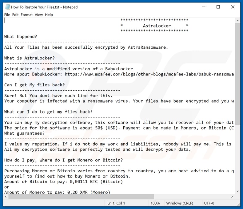 2 wariant notatki z żądaniem okupu ransomware astralocker