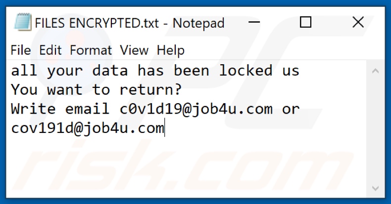 Plik tekstowy ransomware C0v (FILES ENCRYPTED.txt)
