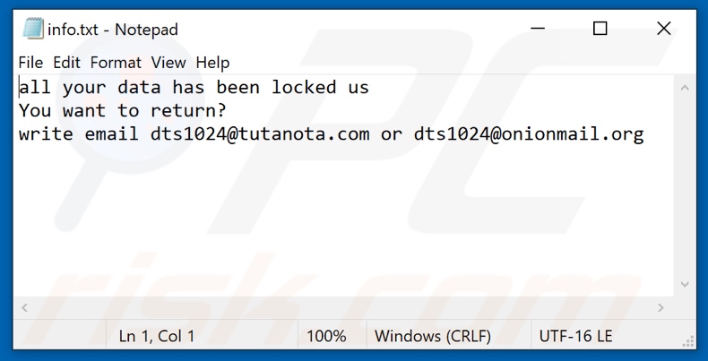 Plik tekstowy ransomware Dts (info.txt)
