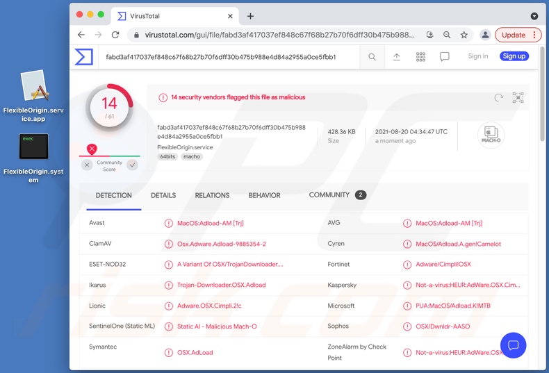 Wykrycia adware FlexibleOrigin na VirusTotal