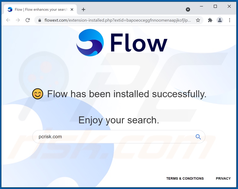 Witryna otworzona po zainstalowaniu adware Flow