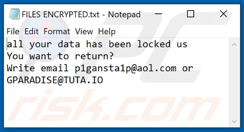 Plik tekstowy ransomware GanP (FILES ENCRYPTED.txt)