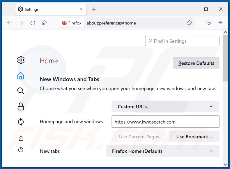 Usuwanie kwiqsearch.com ze strony domowej Mozilla Firefox