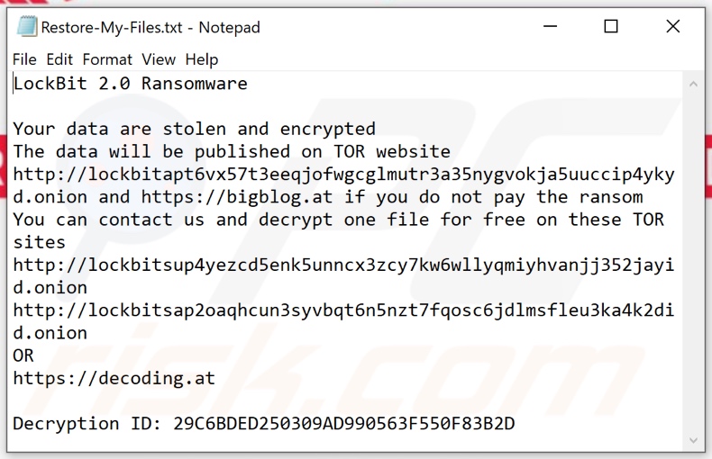 Plik tekstowy ransomware LockBit 2.0 (Restore-My-Files.txt)