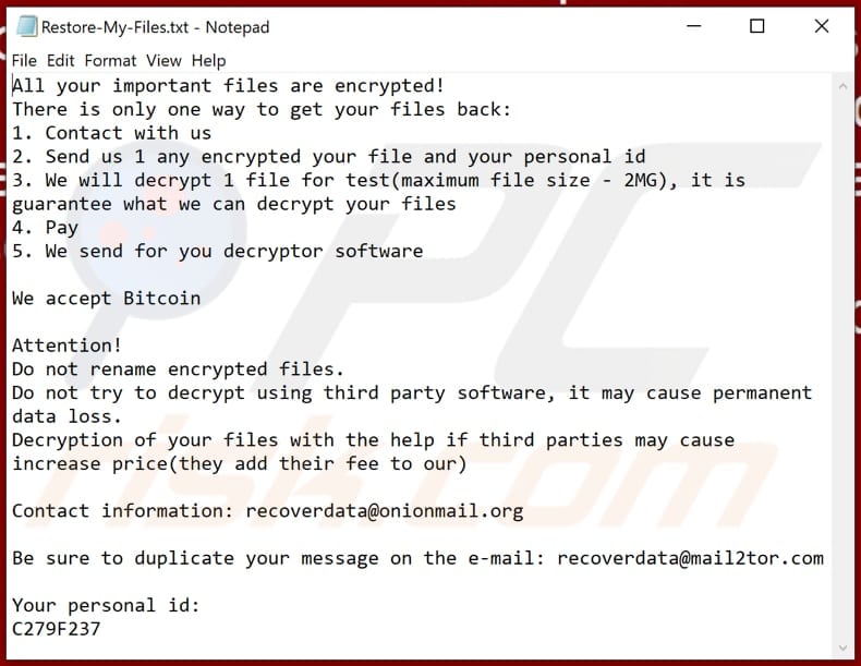 Plik tekstowy ransomware Loki Locker (Restore-My-Files.txt)