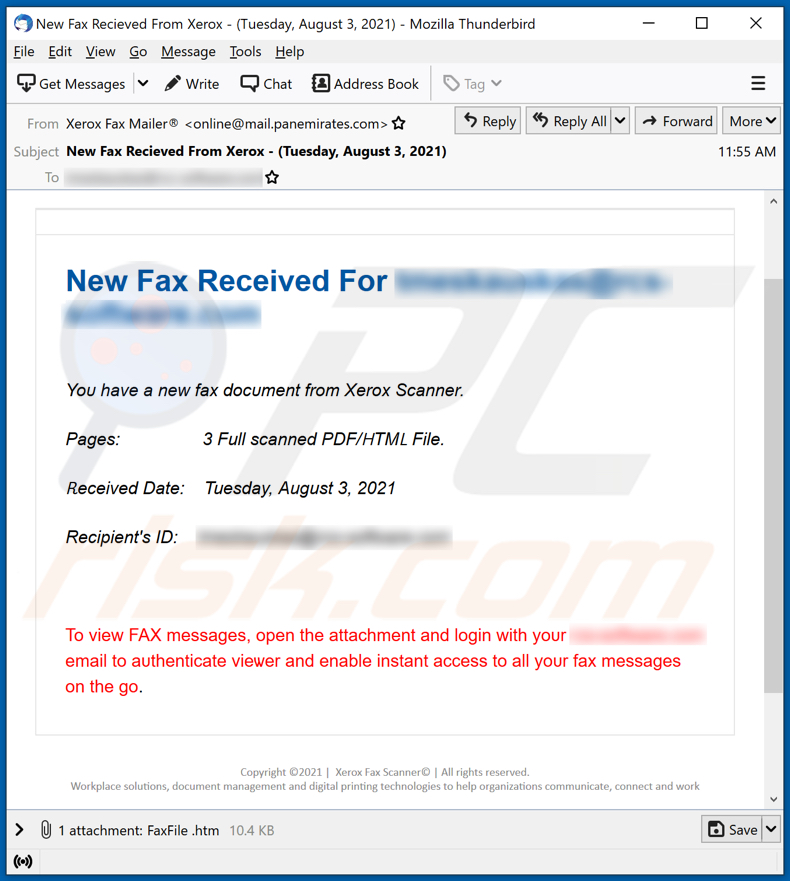 Oszukańczy e-mail e-mailowej kampanii spamowej New Fax Received
