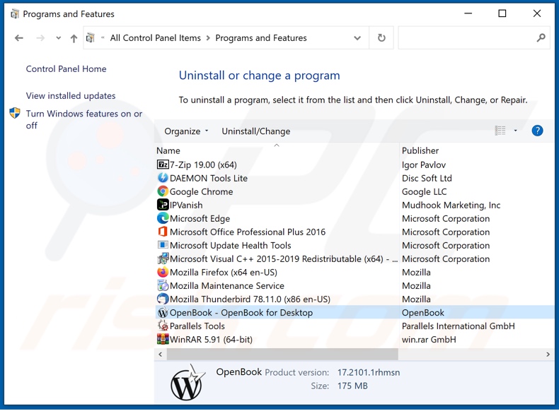 Odinstaluj adware OpenBook za pomocą Panelu sterowania 