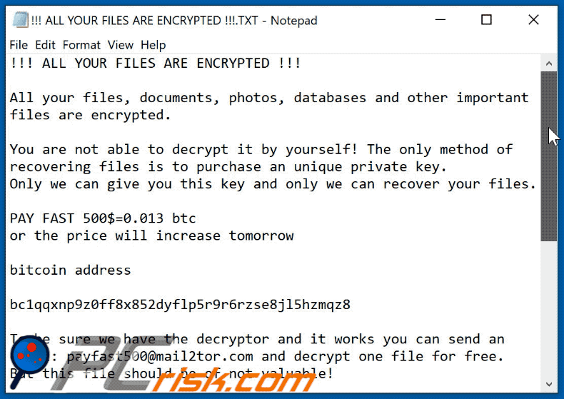Plik tekstowy ransomware Payfast GIF (!!! ALL YOUR FILES ARE ENCRYPTED !!!.TXT)