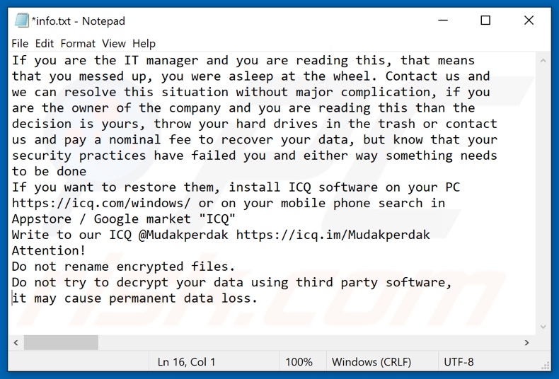 Plik tekstowy ransomware PERDAK (info.txt)
