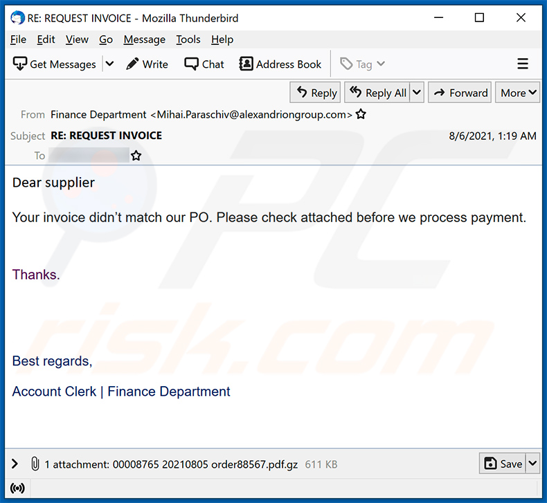 E-mail spamowy o tematyce Purchase Order promujący malwareFormBook