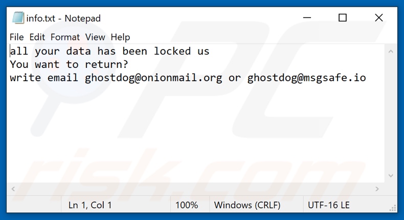 Plik tekstowy ransomware RZA (info.txt)