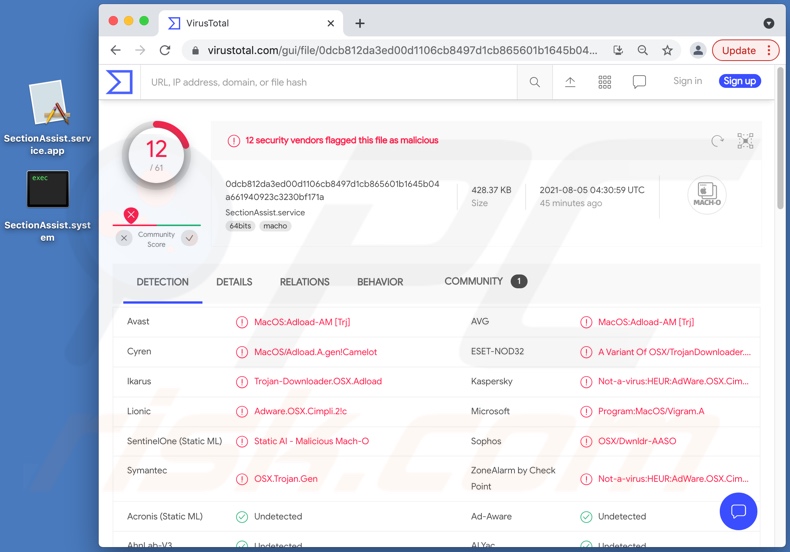 Wykrycia adware SectionAssist na VirusTotal