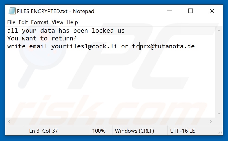 Plik tekstowy ransomware TCYO (FILES ENCRYPTED.txt)
