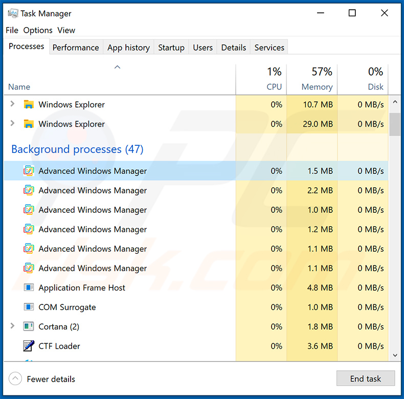 Proces adware Windows Manager w Manedżerze zadań