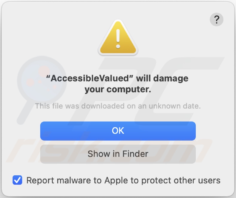 Pop-up wyświetlany, gdy adware AccessibleValue jest wykryte w systemie