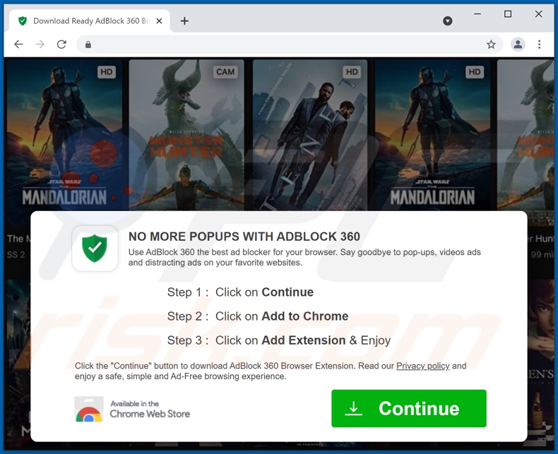 Witryna promująca adware AdBlock 360