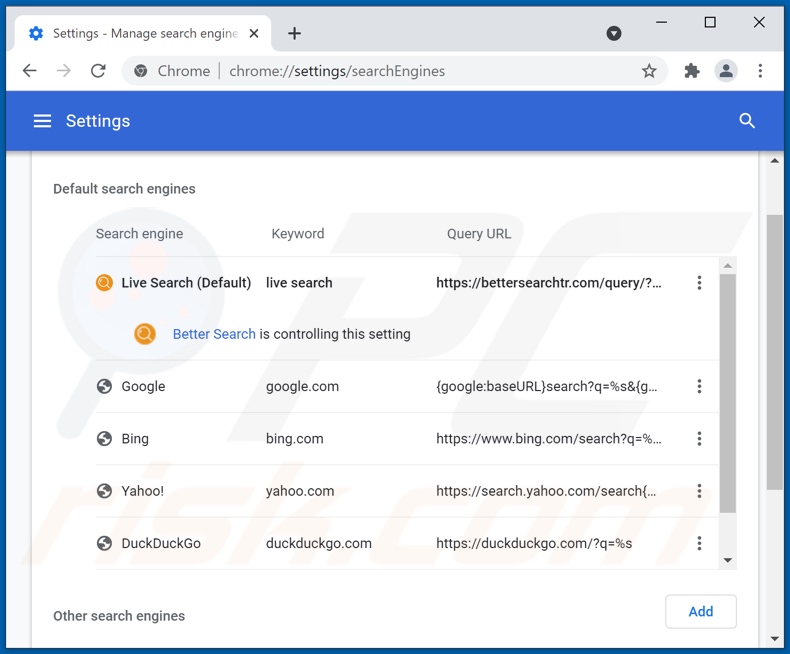 Usuwanie bettersearchtr.com z domyślnej wyszukiwarki Google Chrome