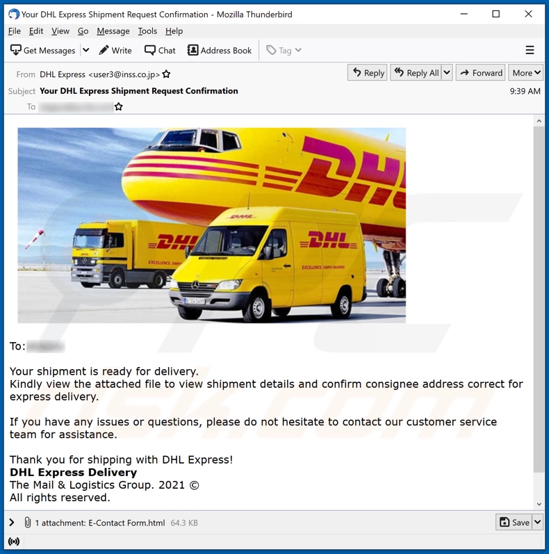 E-mailowa kampania spamowa DHL Express Shipment Confirmation