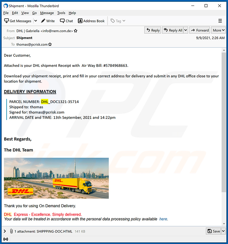 E-mail spamowy DHL Express Shipment Confirmation(2021-09-10)