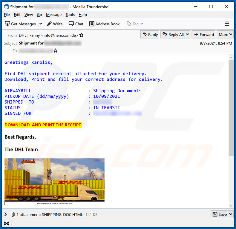 E-mail spamowy o tematyce DHL Express
