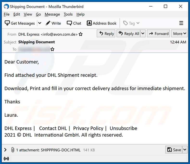 Wiadomość spamowa o tematyce DHL Express promująca phishingowy dokument html (2021-09-07) 