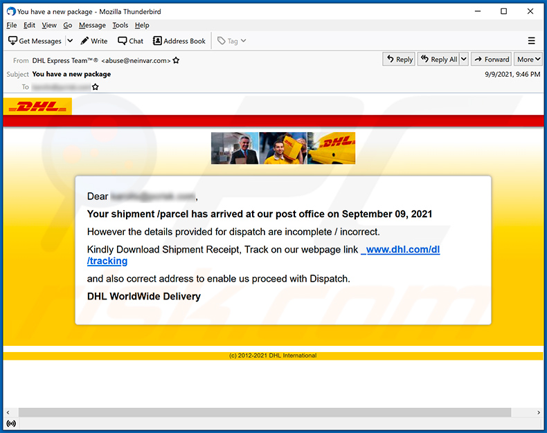Wiadomość spamowa o tematyce DHL Express promująca witrynę phishingową (2021-09-10) 
