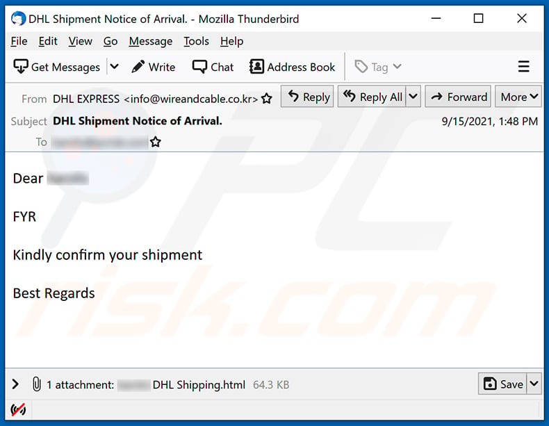 E-mail spamowy o tematyce DHL shipment confirmation (2021-09-17)