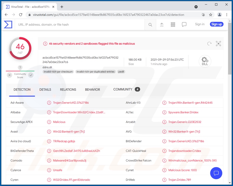 Wykrycia malware DoppelDridex na VirusTotal