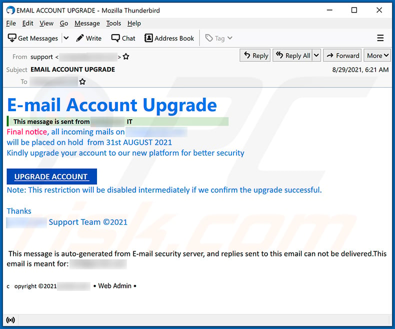 Oszustwo e-mailowe Email account upgrade (2021-09-20)