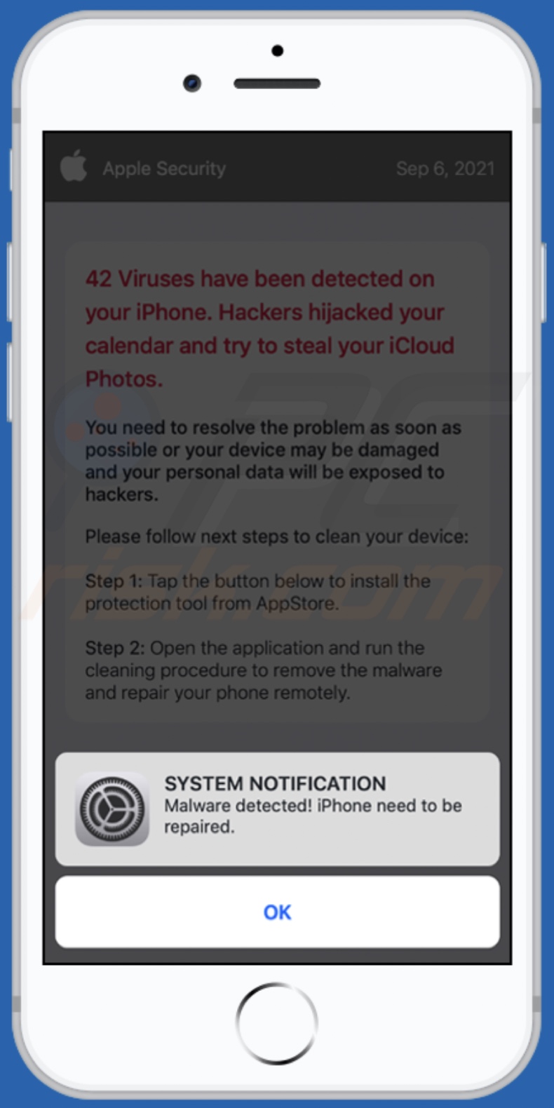 Oszustwo Malware detected! iPhone need to be repaired