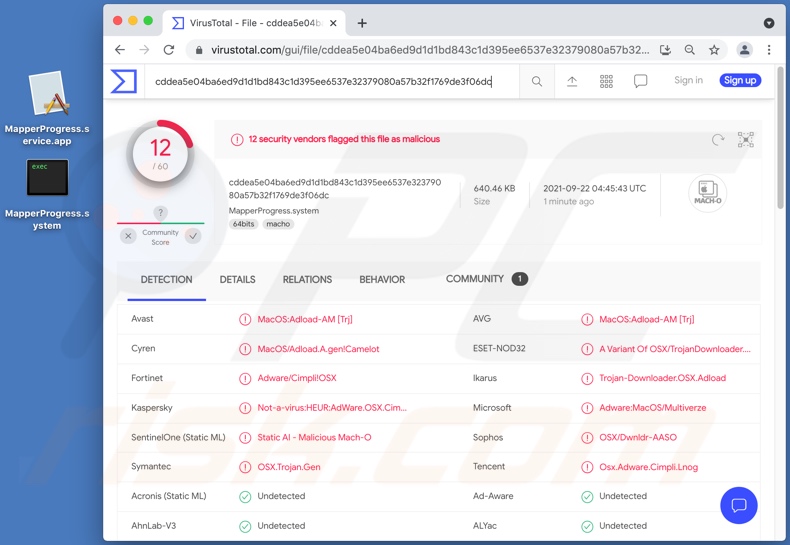 Wykrycia adware MapperProgress na VirusTotal