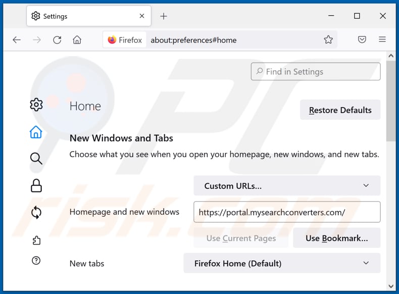 Usuwanie mysearchconverters.com ze strony domowej Mozilla Firefox