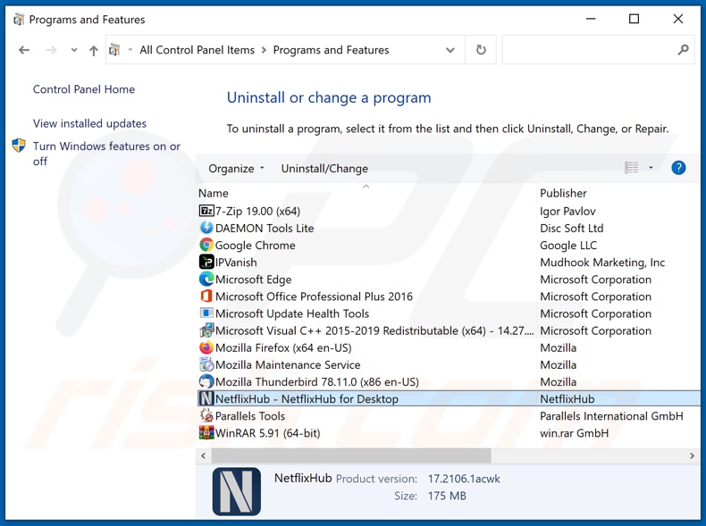 Odinstaluj adware NetflixHub za pomocą Panelu sterowania 