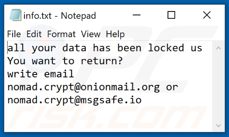 Plik tekstowy ransomware Nomad (info.txt)