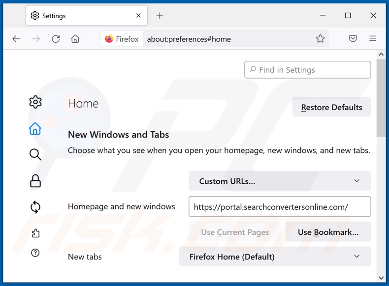Usuwanie searchconvertersonline.com ze strony domowej Mozilla Firefox