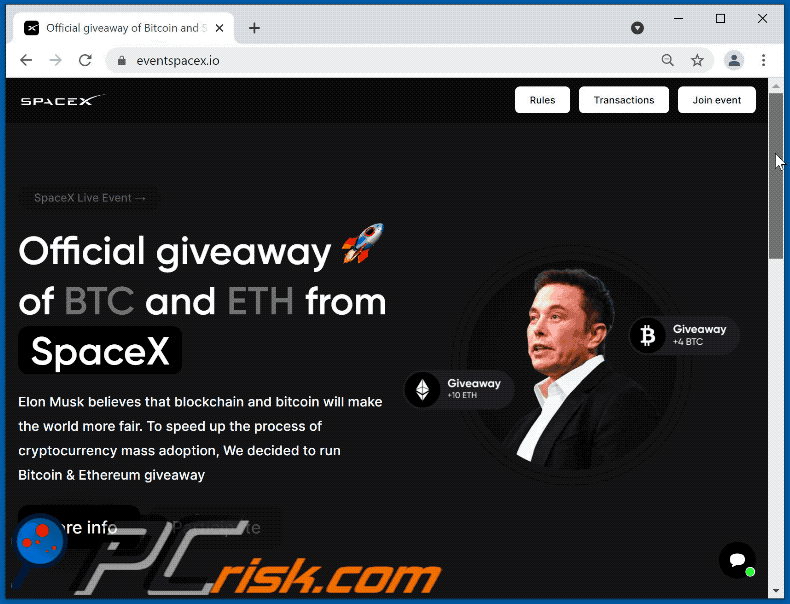 Wygląd oszustwa SpaceX BTC and ETH giveaway