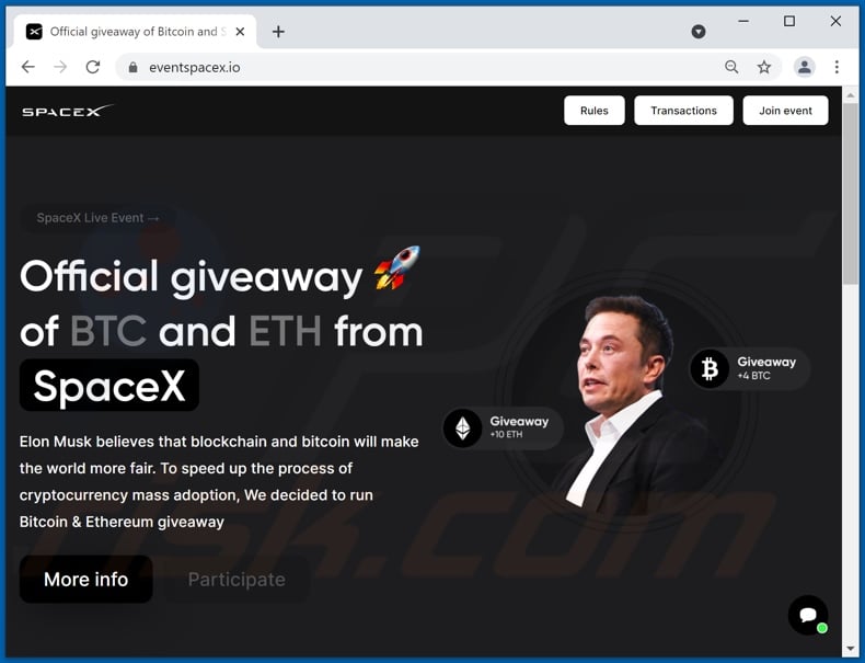 Oszustwo SpaceX BTC and ETH giveaway 