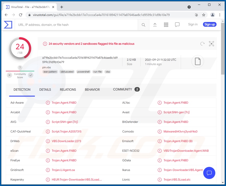 Wykrycia malware Squirrelwaffle na VirusTotal