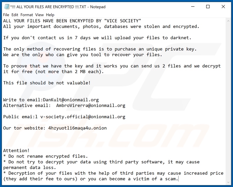 Instrukcje odszyfrowania VICE SOCIETY (!!! ALL YOUR FILES ARE ENCRYPTED !!!.TXT)