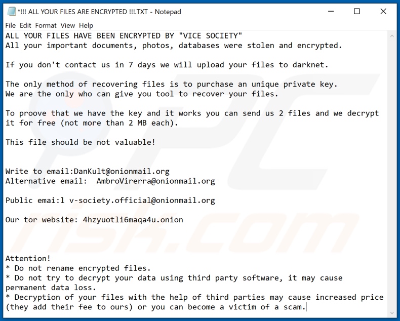 Instrukcje odszyfrowania VICE SOCIETY (!!! ALL YOUR FILES ARE ENCRYPTED !!!.TXT)