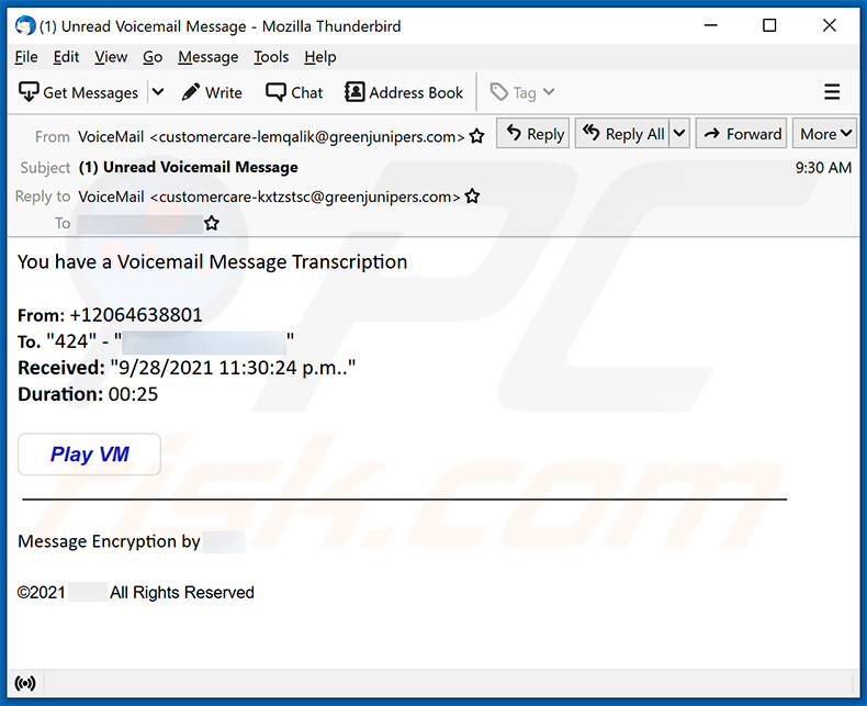 E-mail spamowy Voicemail promujący stronę phishingową (2021-09-29)