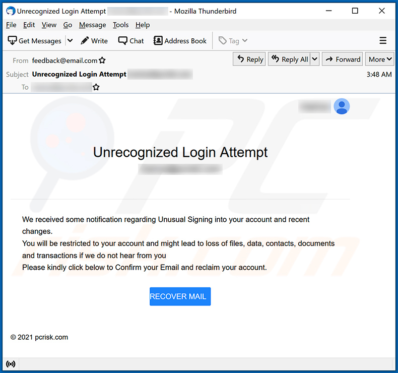 E-mail spamowy Unrecognized Login Attempt