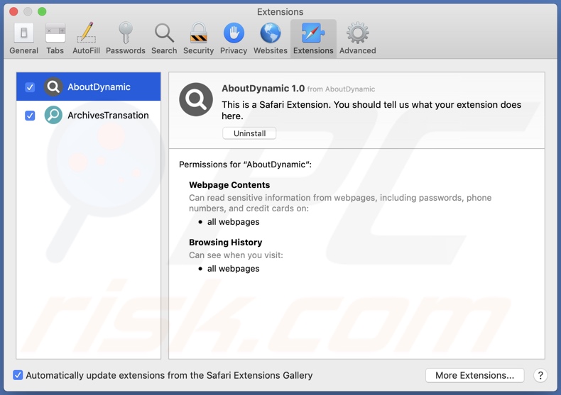 Adware AboutDynamic zainstalowane na Safari