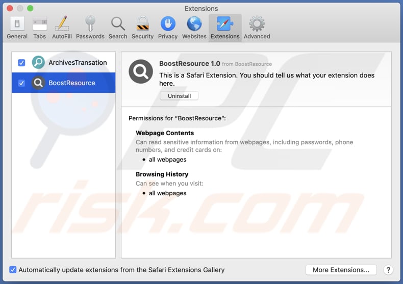 Adware boostresource zainstalowane na safari