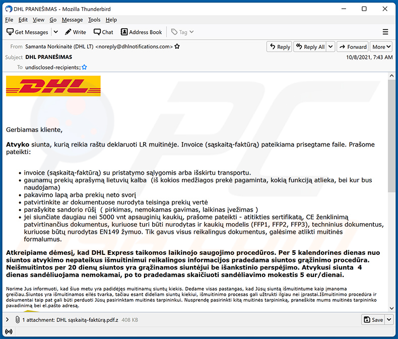 Litewski wariant wiadomości spamowej o tematyce DHL Express 