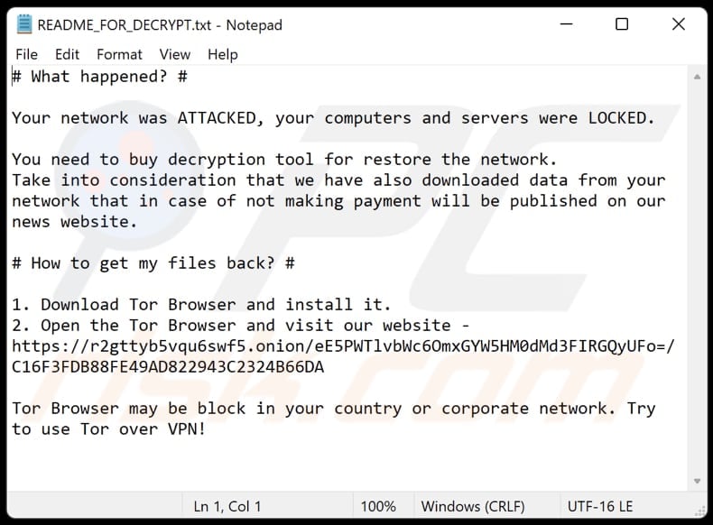 Plik tekstowy ransomware Diavol (README_FOR_DECRYPT.txt)