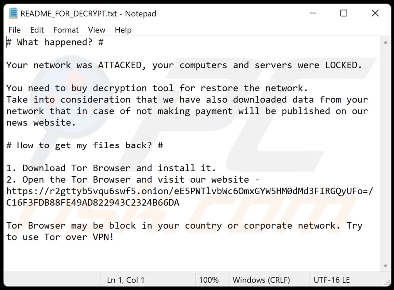 Plik tekstowy ransomware Diavol (README_FOR_DECRYPT.txt)