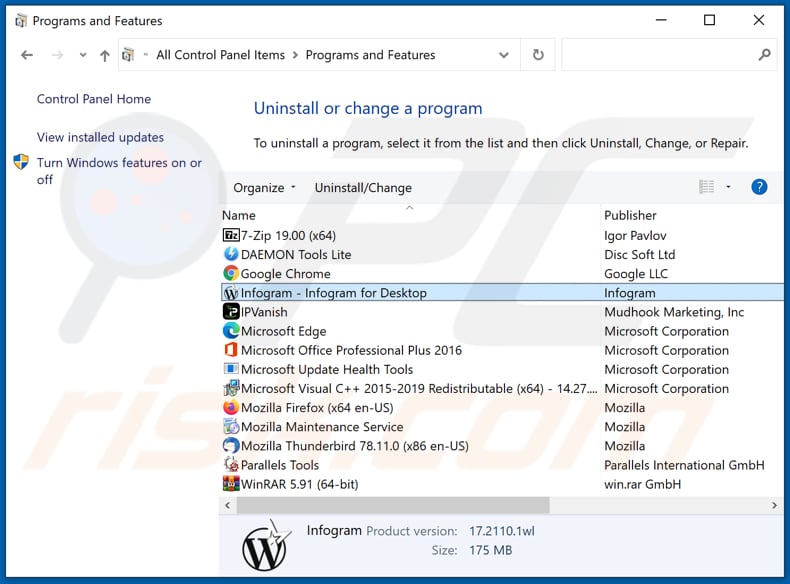 Odinstalowanie adware Infogram za pomocą Panelu sterowania