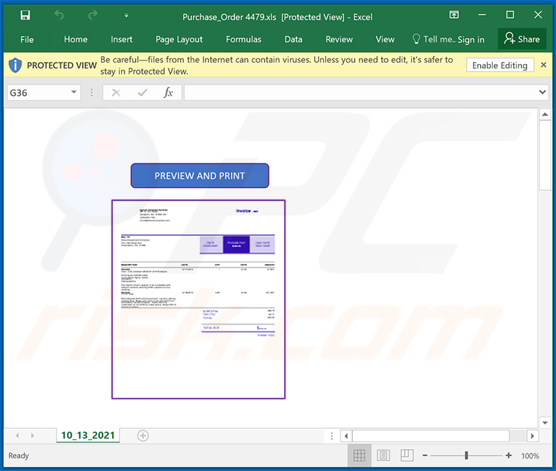 Złośliwy dokument MS Excel dystrybuowany za pośrednictwem wiadomości spamowych o tematyce faktury (2021-10-14)