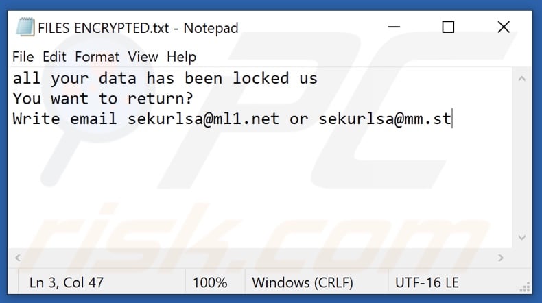 Plik tekstowy ransomware Lsas (FILES ENCRYPTED.txt)